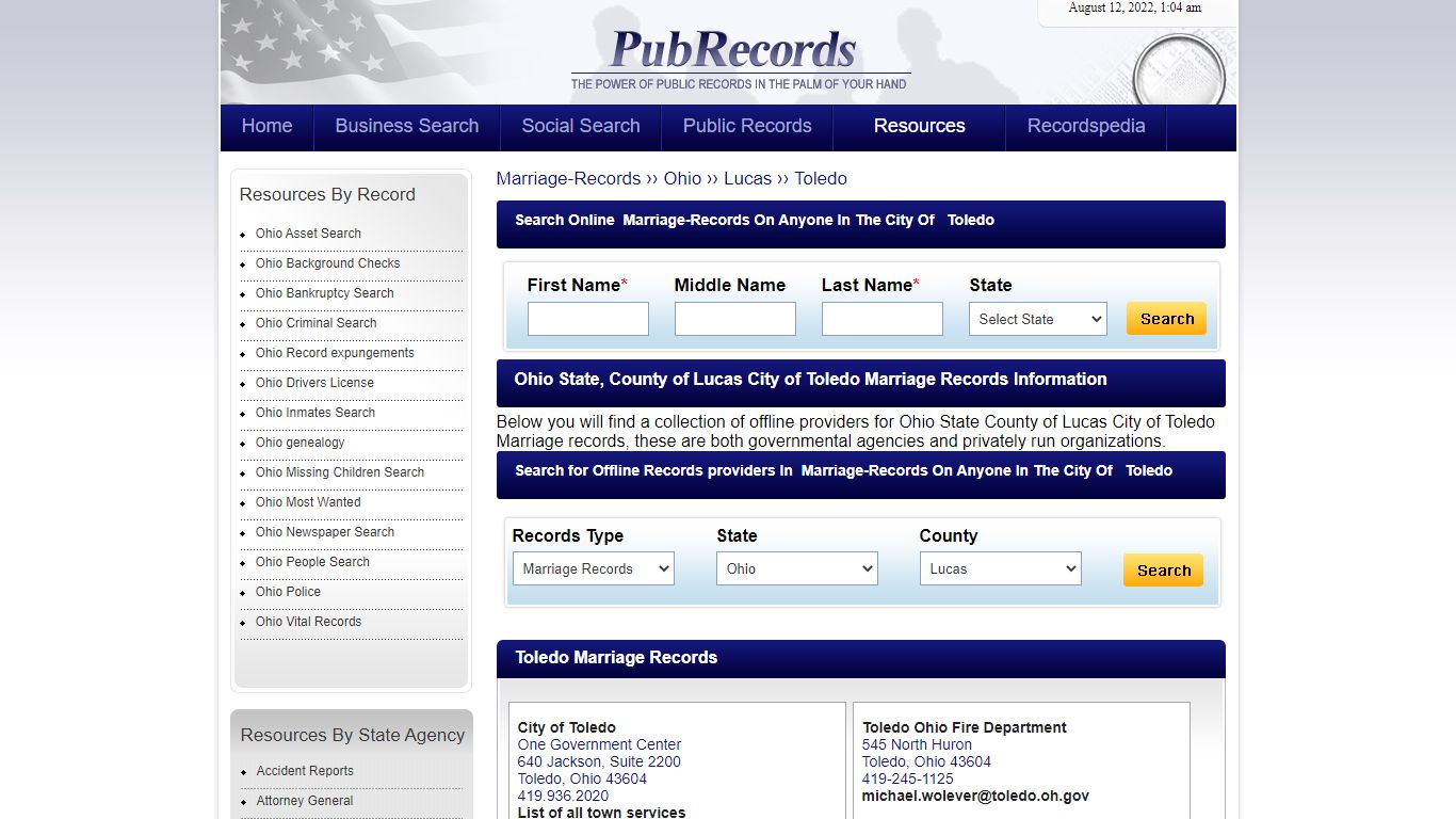 Toledo, Lucas County, Ohio Marriage Records